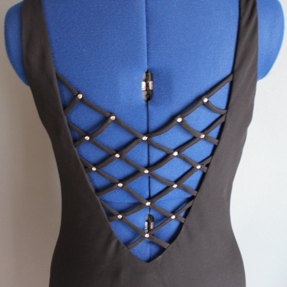 Vintage Y2K Niki Livas Black Lattice Back With Rhinestones Midi Slip Dress ~8~ - Picture 6 of 7